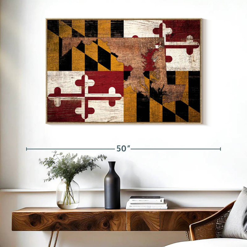 Carte d'État sur le drapeau du Maryland, Cadre flottant en bois naturel, 40 po x 27 po