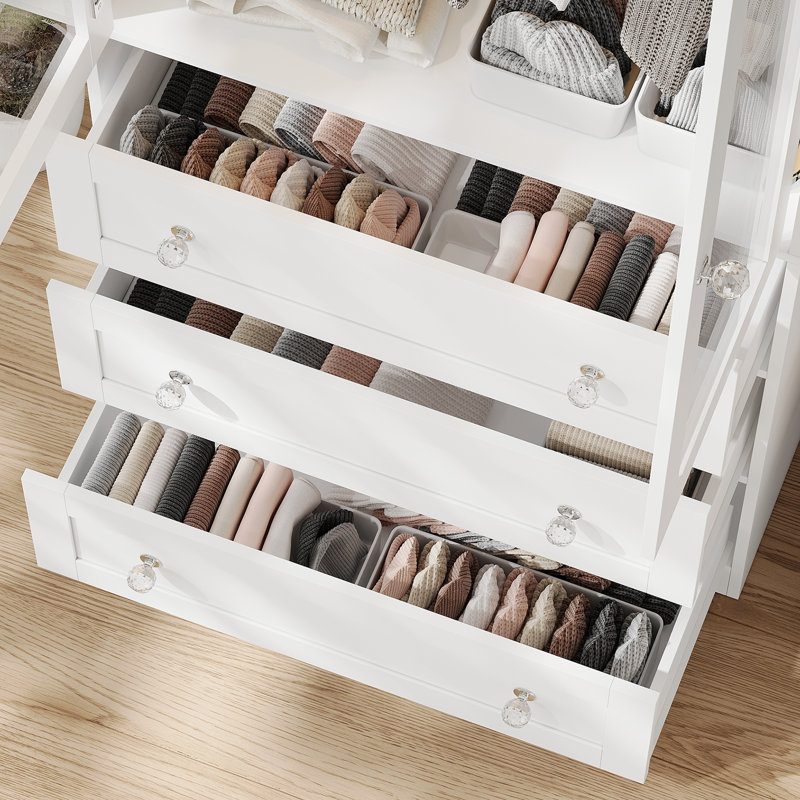 Armoire penderie avec tiroirs et lumière, armoire 75 po avec tringle, armoire 2 portes en bois pour chambre à coucher, Blanc