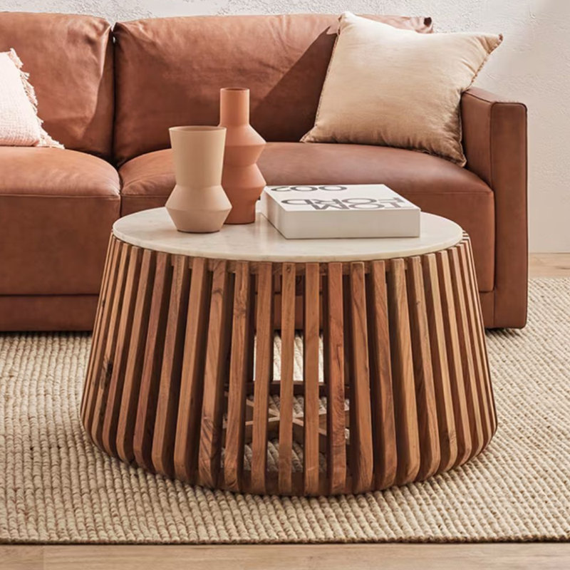 Table basse ronde en bois d'acacia massif avec plateau en marbre