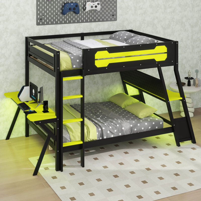 Lit superposé de jeu avec 2 bureaux intégrés, ports de bureau USB et organisateur de panneau perforé, Double, Vert