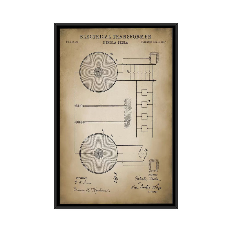 «Tesla Electric Transformer, Beige», impression sur toile, H 26 po x l 18 po x P 1,5 po, Toile avec cadre noir, Pas de tapis