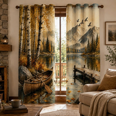 2Pcs Autumn Lake Landscape Printed Curtains, Birch Forest and Canoe Scene Art, Scenic Mountain View with Flying Birds, Water Resistant Sun Blocking for Living Room Bedroom Home Decor for Home Dector