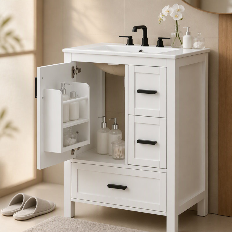 Meuble-lavabo moderne de 24 po avec lavabo en céramique, porte à fermeture en douceur, tablette de porte à double couche et 3 tiroirs