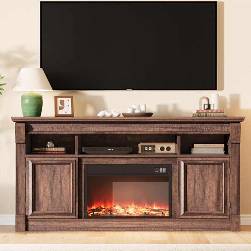Farmhouse TV Stand, Wood and Engineered Wood Construction, 58" for TVs up to 65", Open Storage Cabinets, Media Console for Living Room（Fireplace not included）