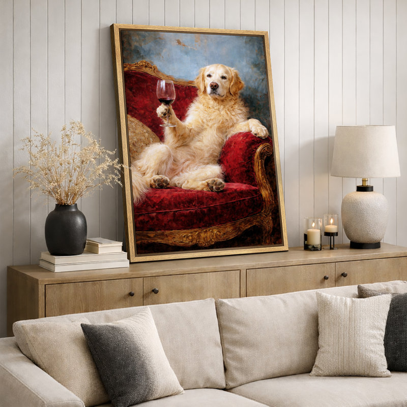 Illustration de chien classique avec verre à vin sur canapé rétro, images de salon, impression sur toile encadrée