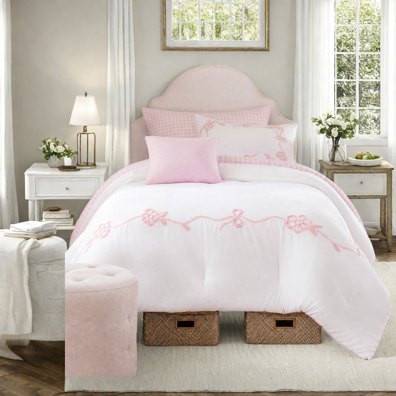 Pink Twin Twin XL Bedding Sets, Microfiber Floral Bow Comforter Set for Girls