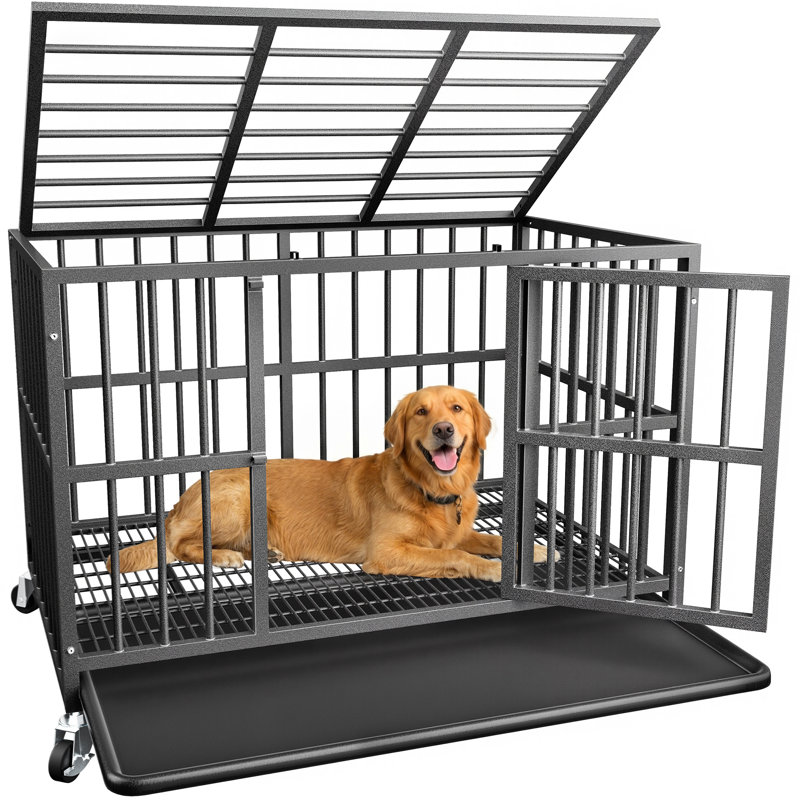 Meuble de 48 po en métal robuste avec roulettes verrouillables, cage intérieure pour chien avec plateau amovible et porte double, chenil pour chiens de grande / moyenne taille