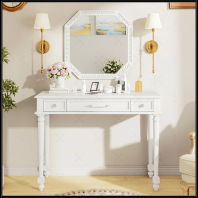 Bureau de maquillage rétro avec grand miroir et coiffeuse à 3 tiroirs, console élégante pour le rangement des bijoux et la décoration intérieure, blanc