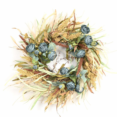 Couronne de 24 po avec feuilles mélangées artificielles, récolte, herbe séchée, baie, automne, pampa, herbe, roses, couronne de fleurs, décor de l'Action de grâce