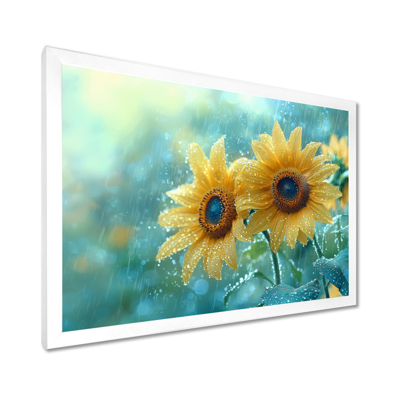 «Driana Rain Washed Sunflowers I» - art mural tournesols, H 30 po x l 40 po, Reproduction encadrée d'une seule photo, Blanc