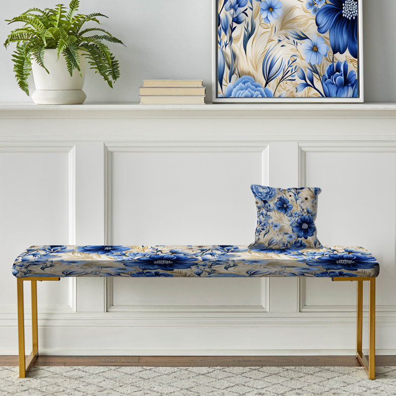 Floral Upholstered Gold Bench, Enchanted Blue And White Peonies Pattern III