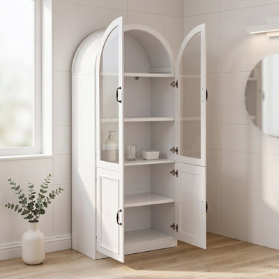 Grande armoire de rangement arquée à plateau supérieur, vitrine autoportante avec portes en verre trempé, charnières à fermeture en douceur, tablettes réglables, blanc