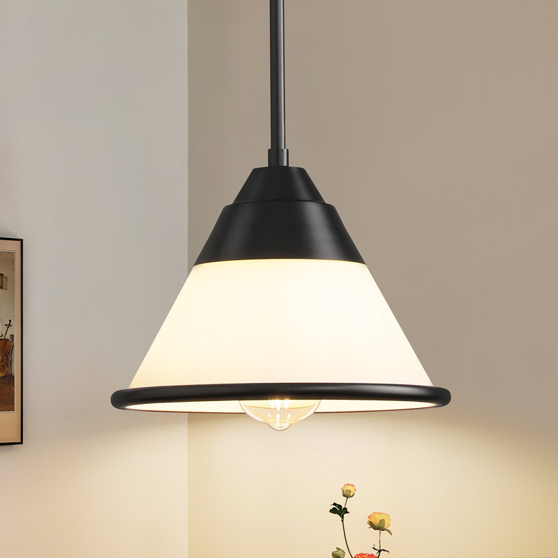 10 in 1-Light Modern Cone Pendant Light With White Frosted Glass Adjustable Height, Matte Black