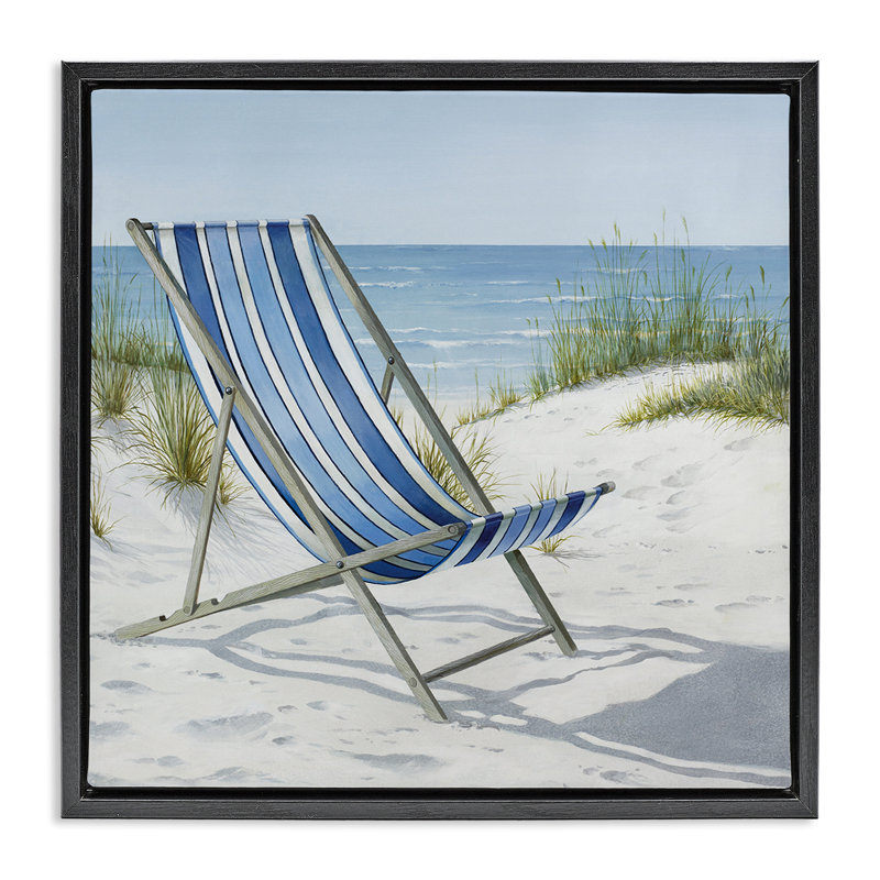 «Tranquil Beach Chair», art mural encadré sur toile flottante par Max Maxx, Cadre flottant noir de jais, H 18 po x l 18 po