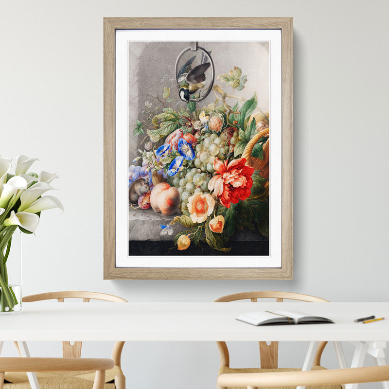 Bird with Flowers by Herman Henstenburgh - Picture Frame Painting, Oak Framed, 65cm H x 48cm W x 2cm D