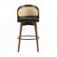 Tabouret de bar d'intérieur en bois Como avec siège rembourré en polyuréthane noir et dossier en rotin, finition noyer foncé, ensemble de 2