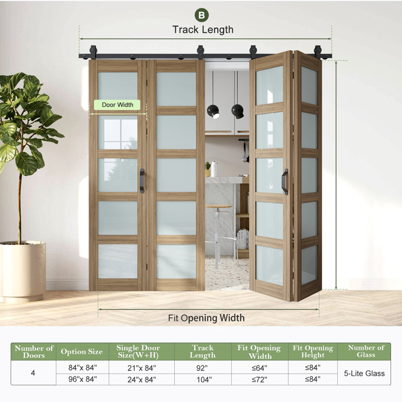 3 portes de grange pliantes en verre givré à 3 portes doubles avec ensemble de quincaillerie d'installation 84 po, 96" x 84"
