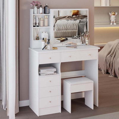 37" Middle Size Left Drawer Desktop Vanity Table + Cushioned Stool, Extra Large Right sliding mirror, Multi Layer High Capacity Storage, Practical Fashionable Dresser, Suitable For Large Space
