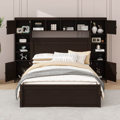 Queen-Size Wooden Bed With Integrated Cabinet, Shelf, Outlets & Twin XL Trundle
