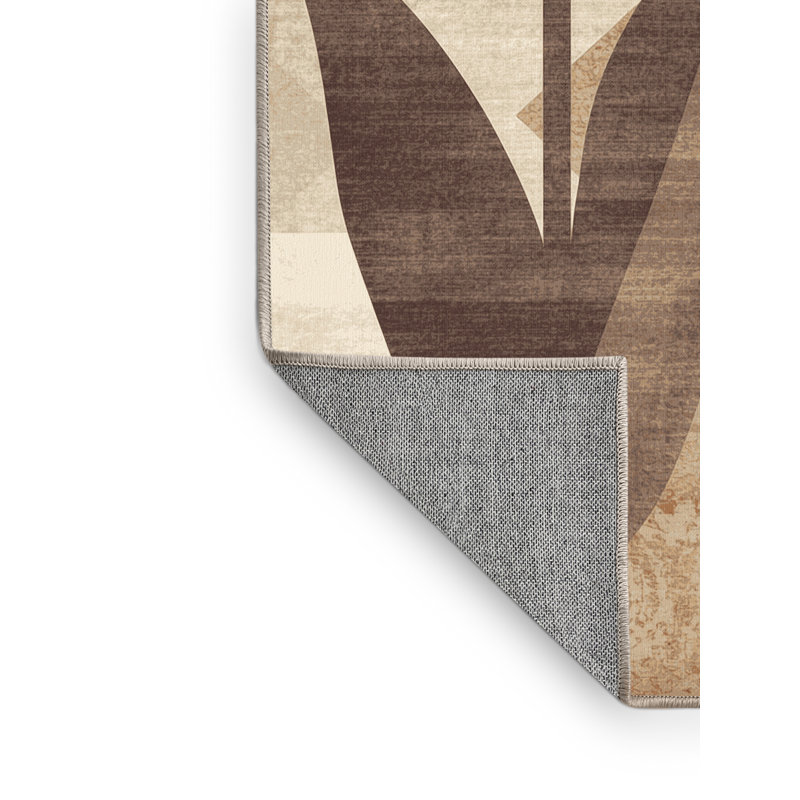 Machine Washable Parrilla Tulip Modern & Contemporary Geometric Shapes Rug in Brown – Beige Binding, 2x3