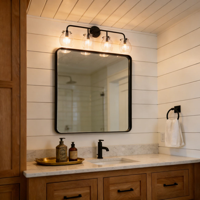 Luminaire de salle de bain 4 lumières noires avec globes en verre bullé, éclairage de salle de bain moderne de style campagnard de 29 pouces pour fini miroir noir mat