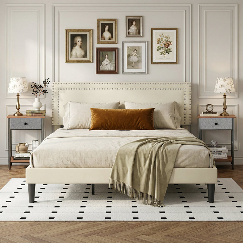 Ensemble de chambre en velours capitonné avec lit et 2 tables de chevet, aucun lit plateforme tapissier requis, Beige/Grey