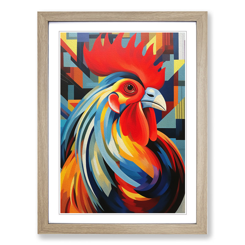 Rooster Constructivism - Single Picture Frame Print on Wood, 64cm H x 46cm W x 2cm D, Oak