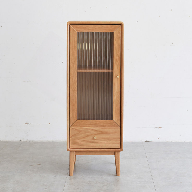 Armoire de rangement en chêne massif pour le salon - table de rangement d'armoire de coin autoportante avec porte en verre rétro, 2 tablettes, 1 tiroir et poignée en laiton pour le meuble télé d'entrée