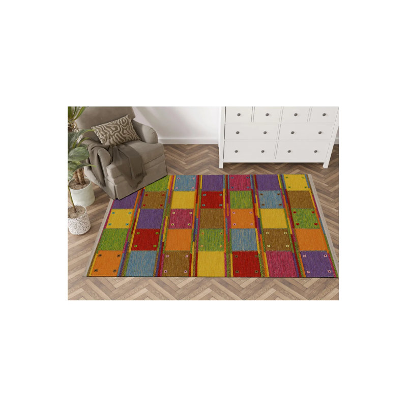 Tapis décoratif multicolore à motif géométrique carré, Rectangle 4 pi 7,12 po x 6 pi 6,74 po
