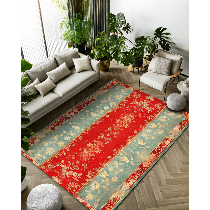 Susan Green Red Oriental Machine Printed Cotton Polyester Area Rug, Runner 3'4" x 8'3"