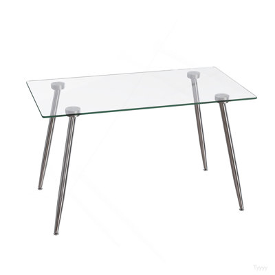 Glass Dining Table, Modern Rectangular Table With Tempered Glass Tabletop & Sliver Metal Legs, Simplistic Kitchen Table, Versatile Table For Home Office (0 Damage)