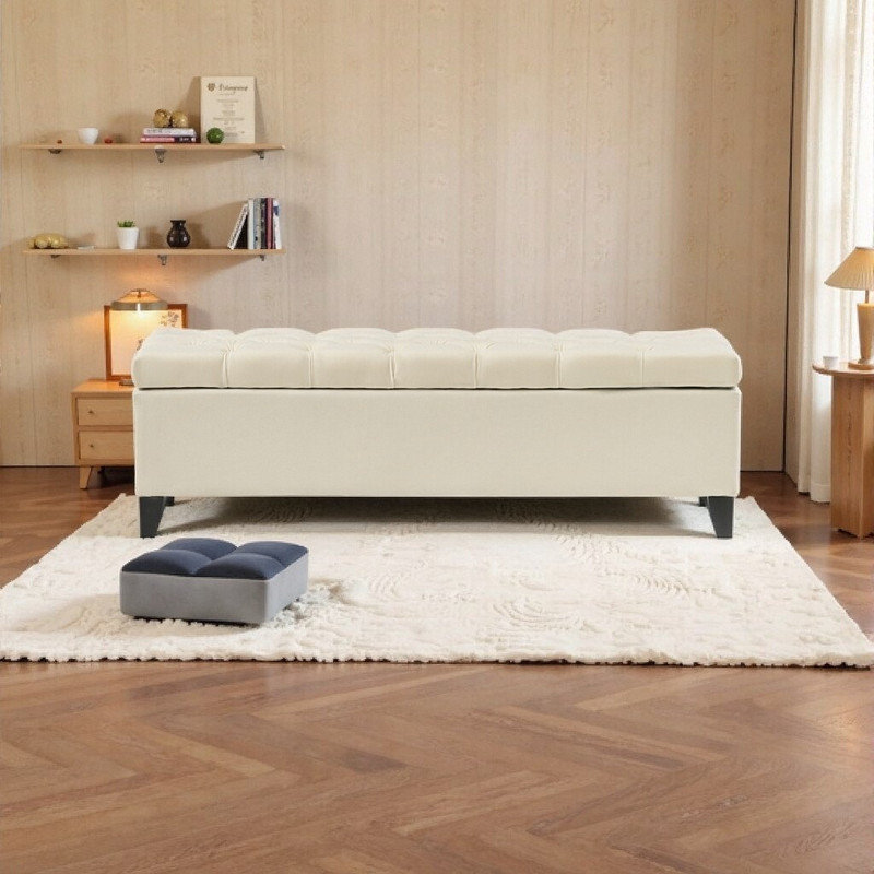 Repose-pieds de rangement 51 po avec couvercle capitonné à boutons, motif à losanges, banc de repose-pieds multifonctionnel