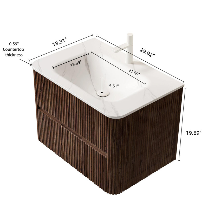 Meuble-lavabo 30 po à rayures flottantes avec lavabo en pierre frittée