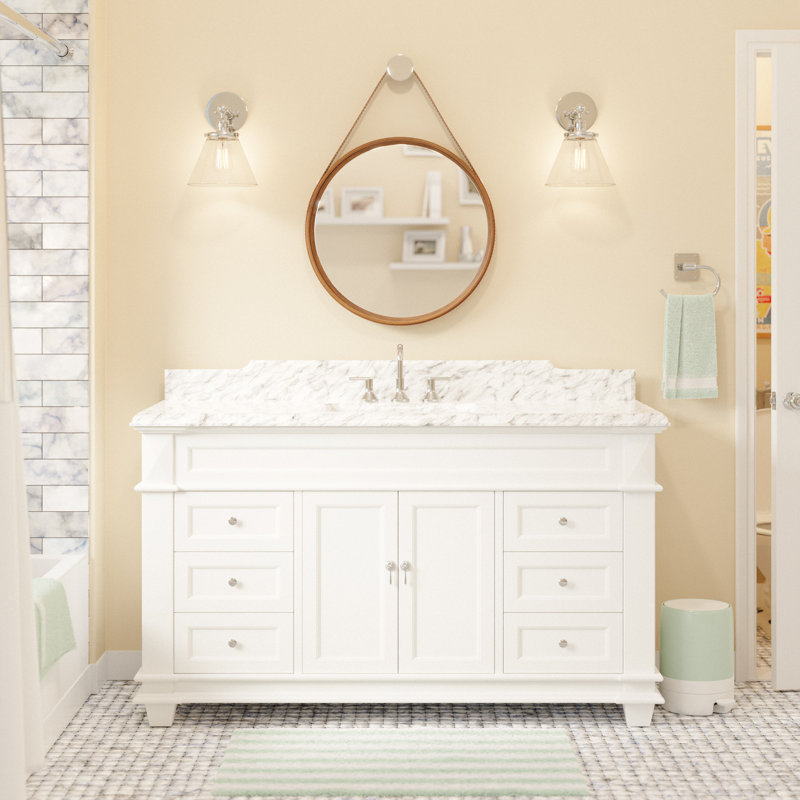 60'' Single Bathroom Vanity with Top, White, Carrara Marble