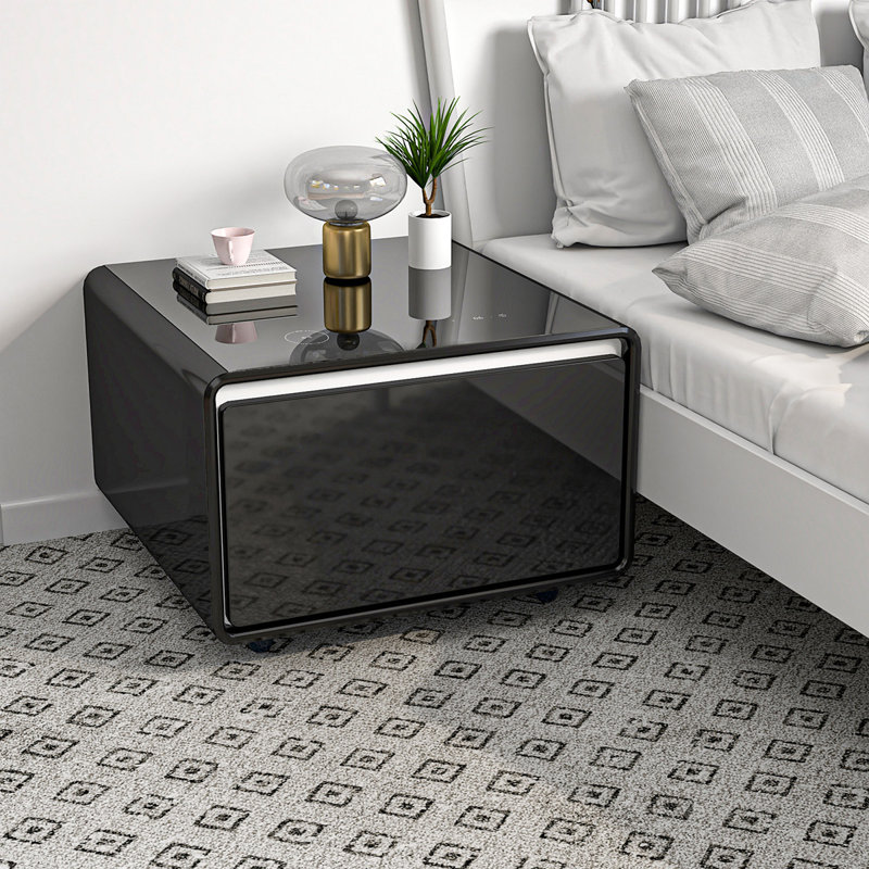 Table d'appoint moderne et moderne avec réfrigérateur intégré, charge sans fil, contrôle de la température, prise de courant, ports USB, protection des prises, lumière à induction