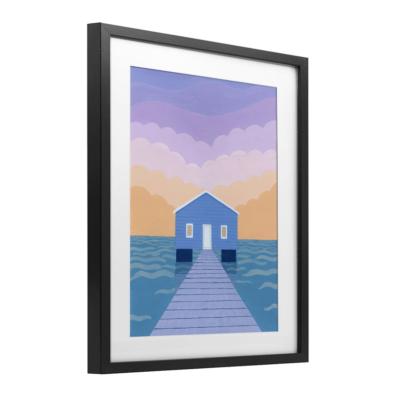 «Blue Boat Shed Sunrise», reproduction sous verre encadrée, par Courtney Haley, H 16 po x l 13 po, Cadre noir minuit