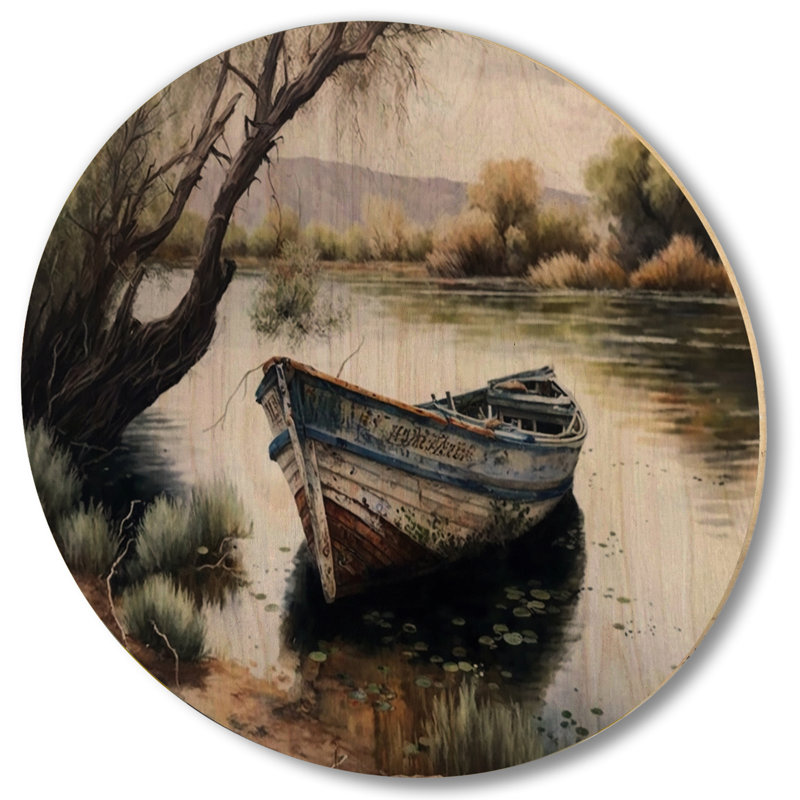 Bateau de pêche dans la rivière - Art mural en bois paysage - Bois de pin naturel, H 16 po x l 16 po x P 1 po