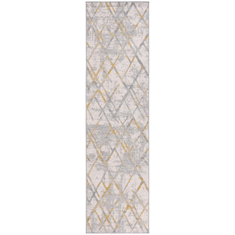 Ramm Geometric Machine Woven Polyester Area Rug in Gray/Gold, Runner 2'2" x 8'