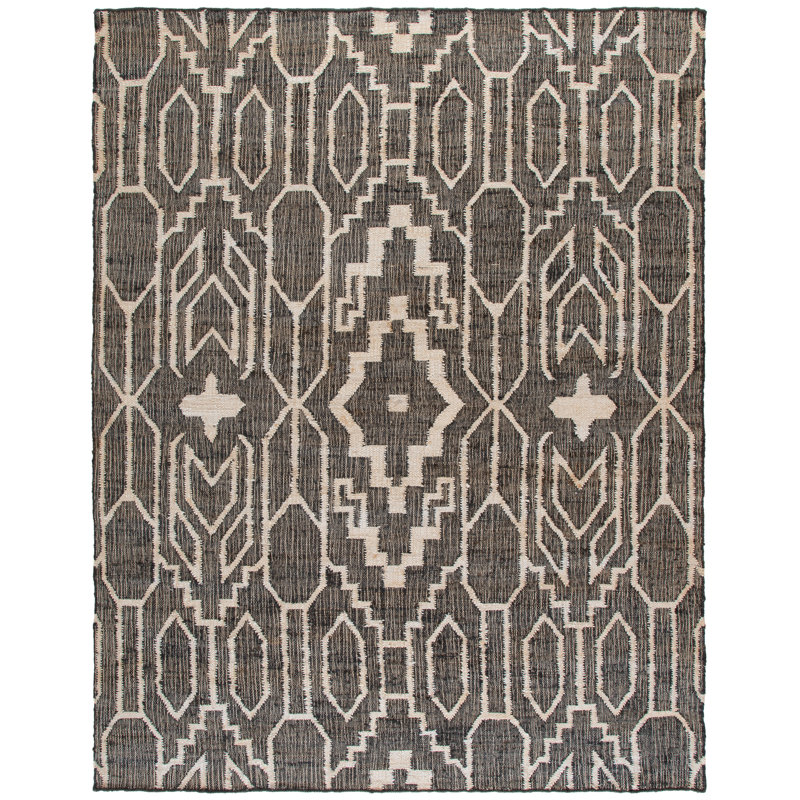 Tapis en jute / sisal à tissage plat Southwestern - noir / ivoire, Rectangle 8 pi x 10 pi
