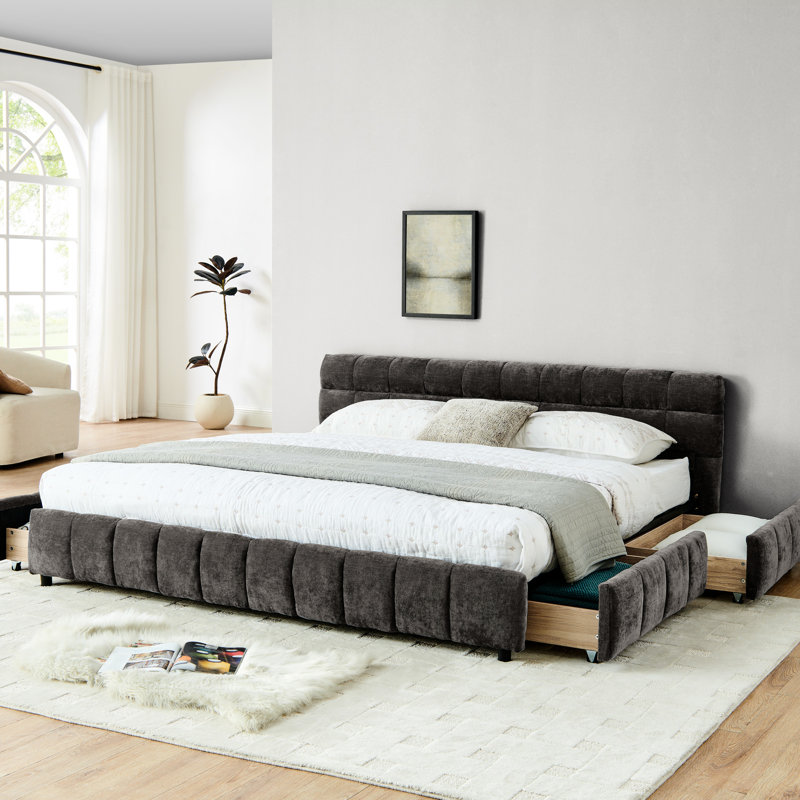 Très grand lit avec housse en chenille et tiroir pratique - Structure rembourrée gris foncé fonctionnelle, Gris foncé