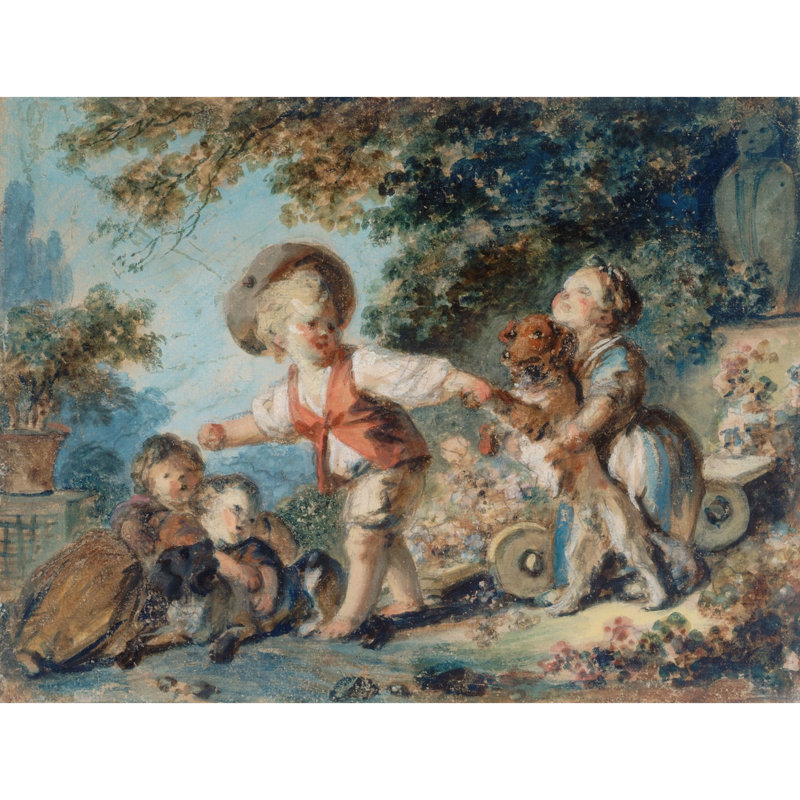 Enfants jouant avec deux chiens