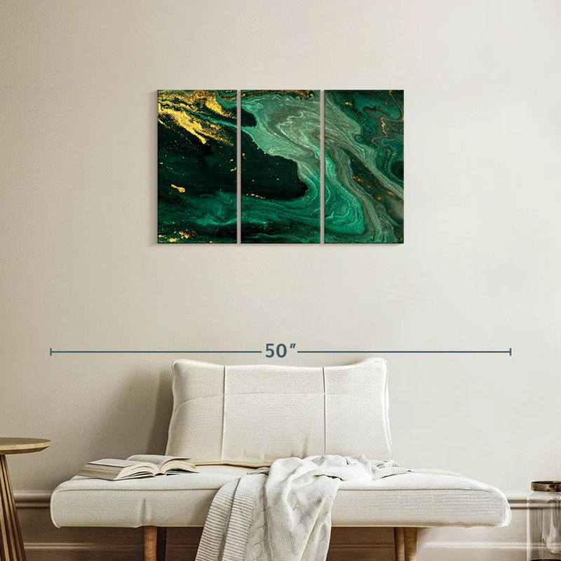 Ensemble de 3 pièces vertes et dorées sur toile, H 20 po x l 33 po x P 1,25 po