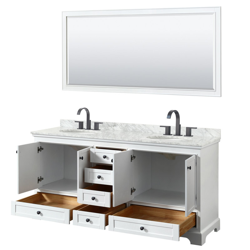 Deborah 72 " W Freestanding Standard Double Vanity Bathroom Vanity With Marble Top with Mirror, White, Matte Black