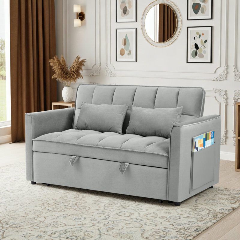 3-in-1 Convertible Velvet Sleeper Loveseat Sofa Bed, Pull Out Couch with Adjustable Backrest, Throw Pillows & Side Storage Pockets for Living Room Bedroom Apartment