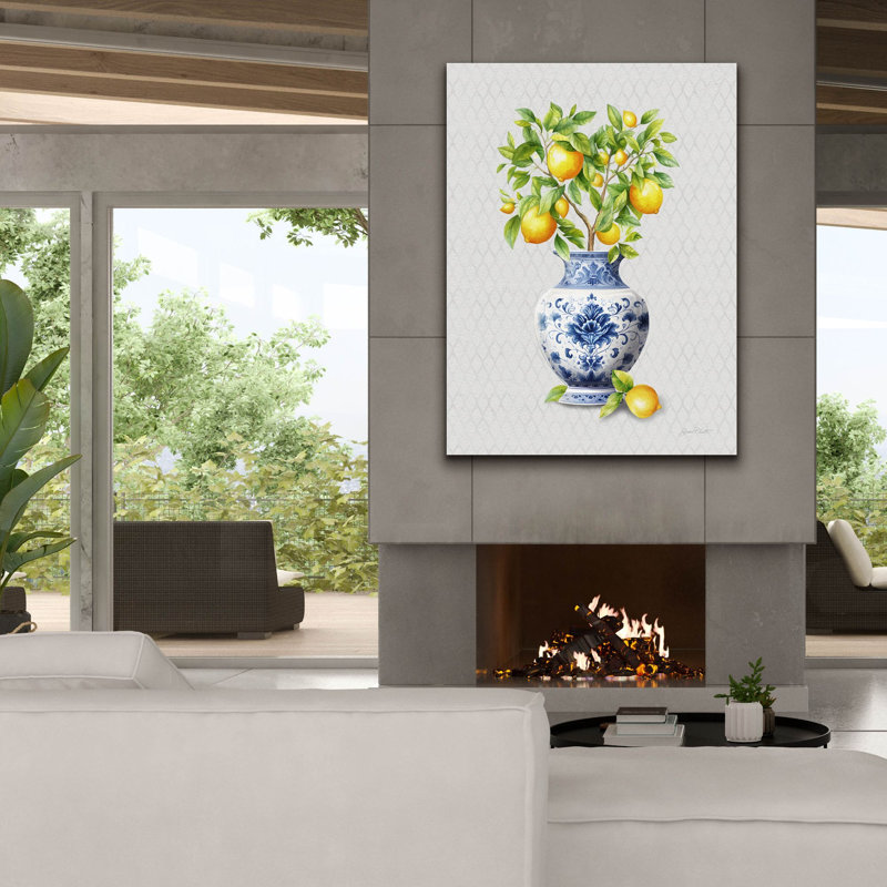«Lemons And Chinoiserie B» par Jean Plout, art mural sur toile, H 54 po x l 40 po x P 1,5 po