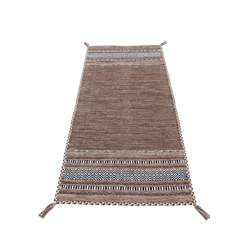 Azizi Striped Hand Woven Cotton Brown Rug, Runner 80 x 500cm