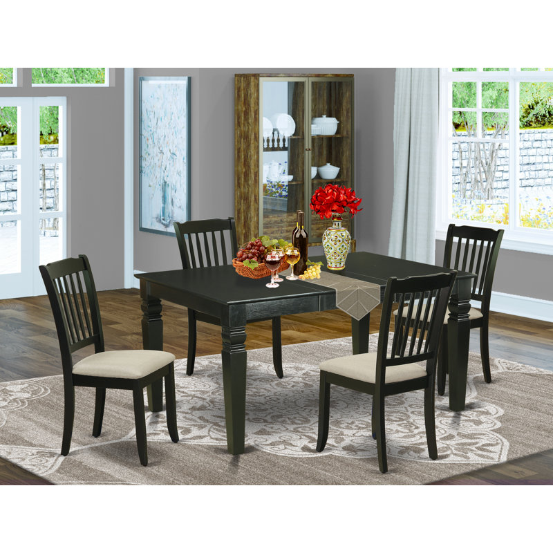 5 Piece Dining Set Includes a Rectangle Dining Room Table with Butterfly Leaf and 4 Linen Fabric Chairs, Black, Black