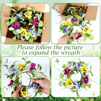 6 PCS Summer Floral Wreaths for Kitchen Cabinet Artificial Pansy Flowers Wreaths with Fern Branches Flocked Lamb Ear Leaves Mini Wreath Spring Floral Small Wreath for Table Centerpiece Farmhouse Decor