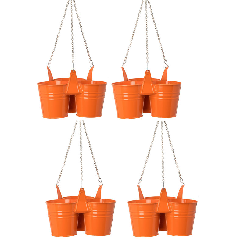 Triple pot de fleurs suspendu en acier émaillé, Orange