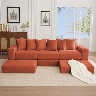 10-In-1 Convertible Sofa Sectional ,Corner Couch , Convertible Floor Sleeper Sofa,Corduroy,Side Pocket,No Assembly,DIY,L Shaped  Modular Sofa,6 Pillows,Orange